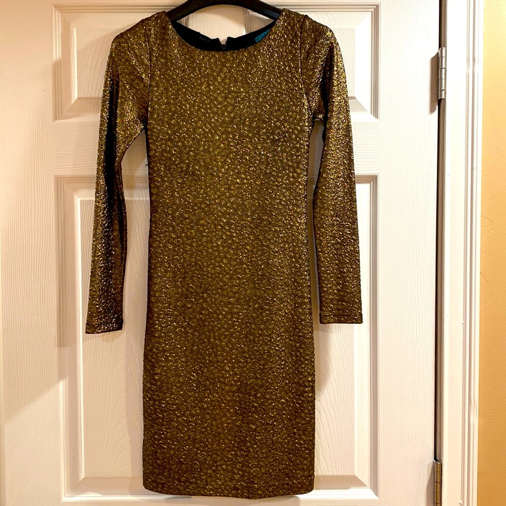 Alice + Olivia.  Metallic gold dress.  Sheer back w slits.
